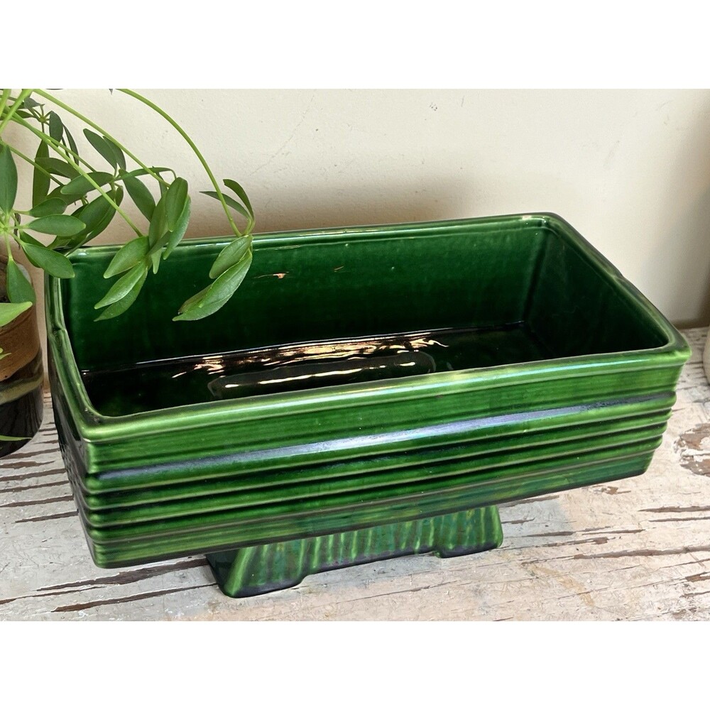 Vintage MCM Dark Green Rectangular Pedestal Planter 11” x 5.5” Retro Boho Plant